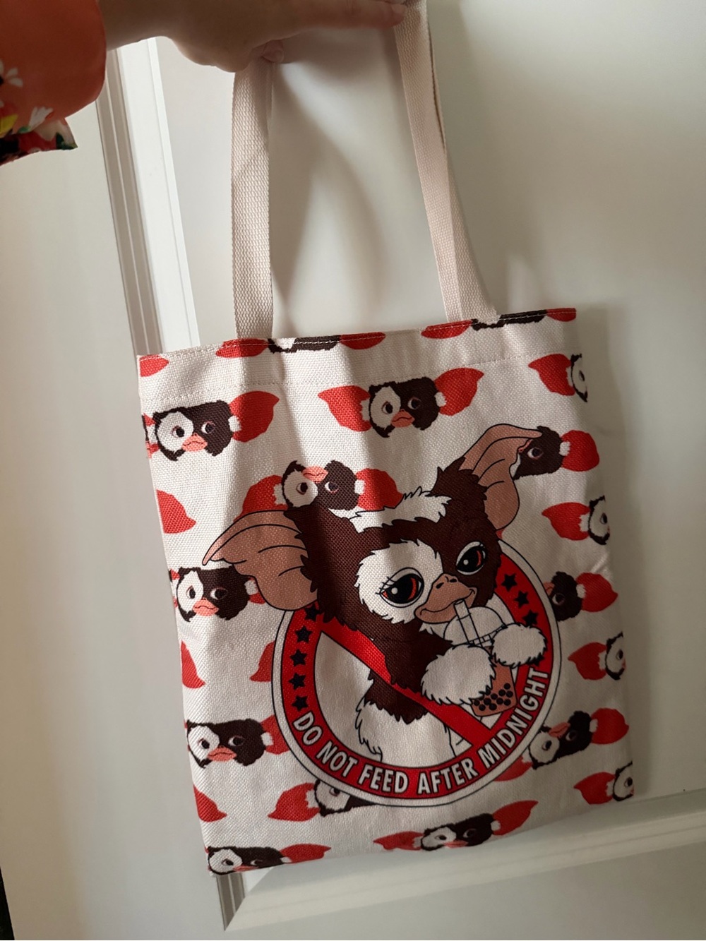 Gizmo 'Do Not Feed After Midnight' Printed Canvas Tote Bag - Cream & Red